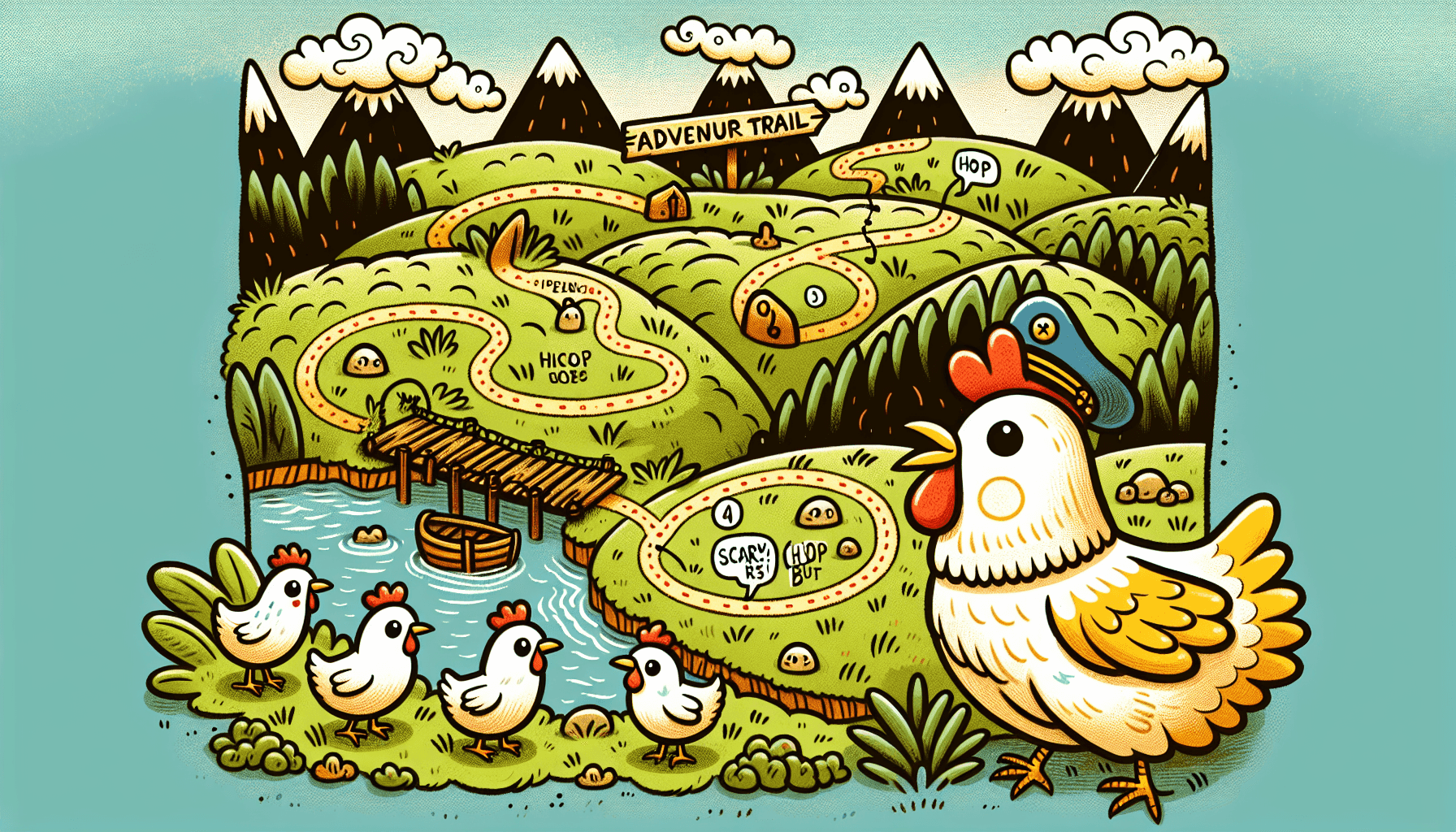 Brave chicken leading flock