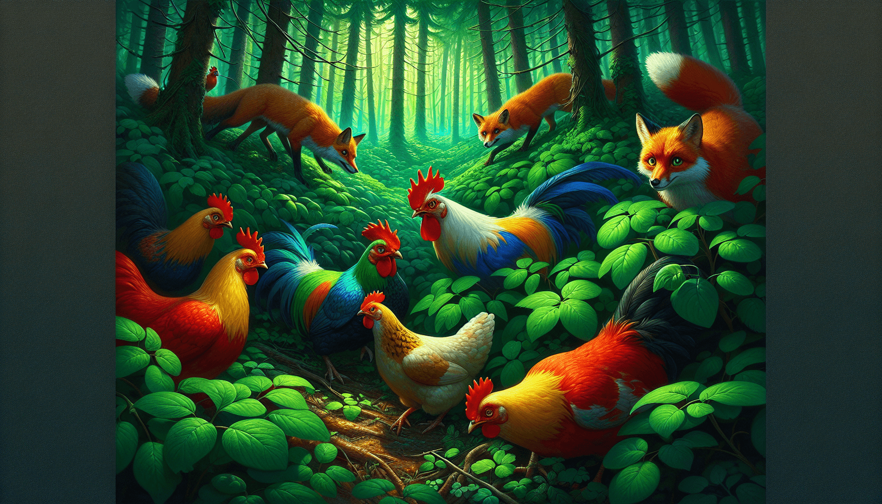 Chickens hiding in forest